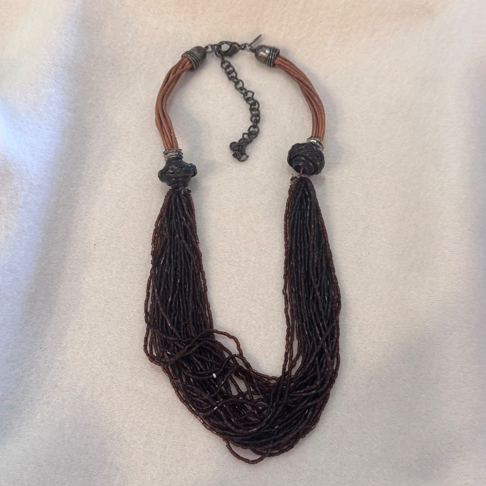 Unbranded Seed Bead Necklace Womens Brown Multi-Strand Leather Cord Boho Earthy
